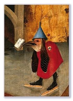 a painting of a person on a skateboard wearing a hat and jacket with a book in his mouth