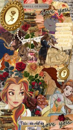 a collage of disney princesses and the beast from beauty and the beast, which includes