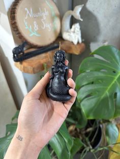 a hand holding a small black statue next to a potted plant and wooden slice