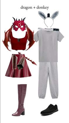 an image of a costume and accessories for a child's halloween costume with text that reads, dragon + donkey