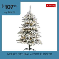 a white christmas tree with snow on it and the words nearly natural 4 foot flocked