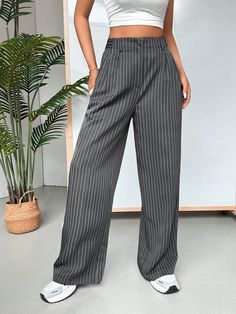 Dark Grey Casual Collar  Woven Fabric Striped Wide Leg Embellished Non-Stretch  Women Clothing Strip Pants Outfit, Stripped Pants Outfit, Strip Pants, Stripes Pants, Casual Stripes