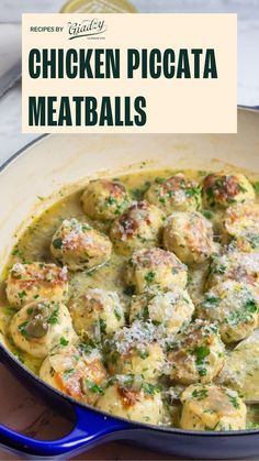 chicken piccata meatballs in a blue skillet