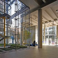 the inside of an office building with glass walls and plants on the ground in front of it