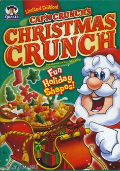 the front cover of captain crunch's christmas crunch, featuring santa claus and his candy