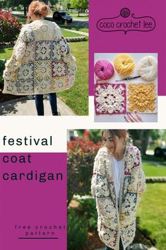 a woman wearing a crochet jacket and hat with text reading festival coat cardigan free crochet pattern