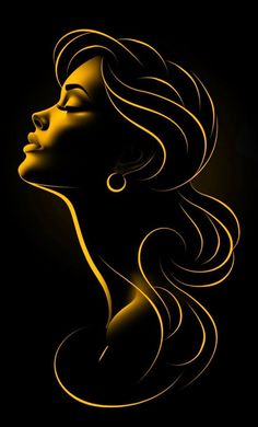 a woman's face with long hair and earrings in yellow on a black background