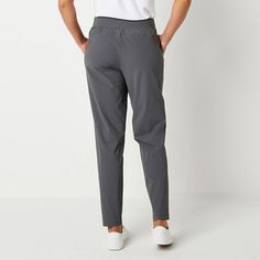 This comfortable pair of Stylus women's pull-on slim-fit pants are an effortless style choice for casual days. They are cut from a woven stretch fabric in a mid-rise with an elastic waistband and side slip pockets. Pair yours with a tee and slides.Front Style: Flat FrontFeatures: Stretch FabricClosure Type: Full ElasticFit: Regular FitPockets: 2 Front Slip PocketsRise: Mid RiseFiber Content: 78% Nylon, 22% SpandexFabric Description: TricotInseam: 29 InLeg Style: Slim LegCare: Machine Wash, Tumb… Everyday Mid-rise Bottoms With Elastic Waistband, Everyday Pants With Elastic Waistband, Comfort Stretch Ankle-length Pants For Everyday Wear, Comfortable Ankle-length Pants For Everyday Wear, Mid-rise Pull-on Pants For Everyday, Everyday Mid-rise Pull-on Bottoms, Everyday Mid-rise Pull-on Style Pants, Stretch Pull-on Sweatpants For Everyday, Comfort Stretch Pull-on Pants