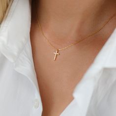 Diamond Cross Necklace-Solid Gold Cross Necklace with Diamonds-Tiny Christening Necklace-Baptism Cross Necklace-Christmas Gift This 14Κ Yellow Gold diamond cross necklace is beautifully handmade with love and it can be worn daily as a symbol of devotion or as a fashionable expression of faith. It can be gifted for a baptism, confirmation, or a birthday gift. ›› Item Details: › Made to Order › Gold Kt: 14K (also available in 9K & 18K) › Available Gold Color: White Gold, Yellow Gold, Rose Gold Gold Diamond Cross Necklace, Brides Jewelry, Communion Gifts Girl, Hand Jewelry Rings, Diamond Cross Necklace Gold, Diamond Cross Necklace, White Diamond Necklace, Pretty Jewelry Necklaces, Diamonds Necklace