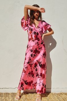 Rosalyn Flutter Sleeve Maxi Dress Floral Bodycon, Women Rising, Floral Print Maxi Dress, Floral Print Maxi, Sleeve Maxi Dress, Basic Dress, Dresses By Length, Pink Maxi Dress, Midi Maxi Dress