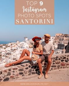 a man and woman sitting on top of a stone wall next to the ocean with text overlay that reads top 9 instagram