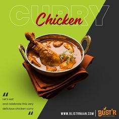 an advertisement for curry chicken on a green and yellow background