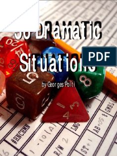 several different colored dices sitting on top of a sheet of paper with the words dramatic situation