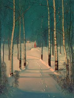 a painting of a snowy path leading to a cabin