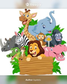 cartoon wild animals and zebras in the jungle on wooden signboard with green leaves