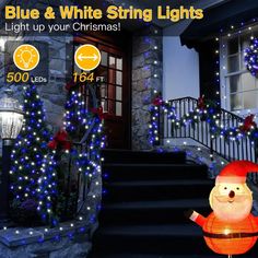 an animated christmas decoration with blue and white string lights on the front steps next to stairs