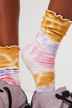 The perfect blend of cool and classic, these timeless crew socks are featured in a subtle tie dye print and ribbed knit fabrication with scalloped top hem for added dimension. **Features:** Classic design, ribbed knit fabrication, scalloped top hem **Why We ❤ It:** Perfect to pair with anything from a stylish sneaker to a simple slip-on shoe, these so cool socks are the ideal finishing touch for absolutely any ‘fit. | By My Grace Scallop Cut Socks at Free People in Pink Fun Multicolor Summer Socks, Trendy Purple Cotton Socks, Playful Multicolor Super Soft Socks, Ty Dye, Fun Blue Cotton Socks, Playful Blue Cotton Socks, Scallop Top, Tie Dye Socks, Stylish Sneakers