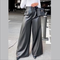 Nwt Wide Leg Business Casual High Waisted Pants Multiple Sizes Available. Mayte Finish. Slight Shine. Button Closure And Zip Fly. Pant Trousers Women, Button Pants, Oufits Casual, High Waist Fashion, Flare Trousers, Loose Pants, Faux Leather Pants, Trouser Pants, Work Casual