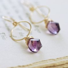 Amethyst Gold Hoop Earrings, February Birthstone Jewelry, Purple Gemstone Twists Handmade Earrings Purple Gemstone Hoop Earrings, Purple Amethyst Hoop Jewelry, Purple Amethyst Hoop Earrings For Gift, Elegant Purple Amethyst Hoop Earrings, Amethyst Hoop Earrings With Ear Wire, Gift, Amethyst Hoop Earrings Gift, Gift Amethyst Hoop Earrings With Ear Wire, Purple Small Hoop Jewelry For Gifts, Purple Briolette Wire Wrapped Earrings