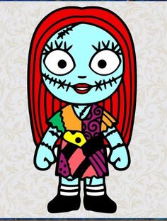 a drawing of a cartoon character with red hair and blue eyes, holding a toy