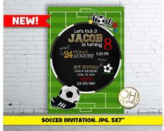 this is an image of a soccer birthday party with the name and age on it