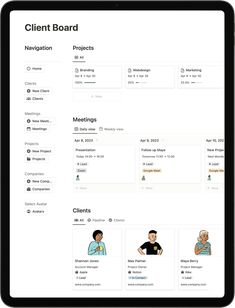 the client board is displayed on an ipad screen, with several people in different avatars