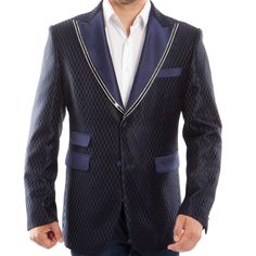 Elevate Your Style With The Tazio Solid Royal Blue Sequin Trim Peak Lapel Jacket. This Exquisite Piece From The Renowned Tazio Brand Boasts A Solid Royal Blue Hue, Sequin Trim Peak Lapel, And Impeccable Craftsmanship, Making It Perfect For Formal Events And Special Occasions. Its Slim-Fit Silhouette, Side Vents, And Underarm Sweat Guards Offer Both Style And Comfort, While The Luxurious Interior With Three Interior Pockets Ensures Convenience. Whether You're Attending A Gala Or A Dinner Party, T Luxury Men's Three-piece Suit For Party, Luxury Men's Sport Coat With Pockets, Luxury Navy Men's Blazer, Shawl Lapel Suit, Herringbone Overcoat, Mens Sports Coat, Black And Red Suit, Red Overcoat, Olive Green Suit