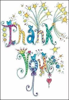 a thank card with the words thank you written in colorful letters and stars on it