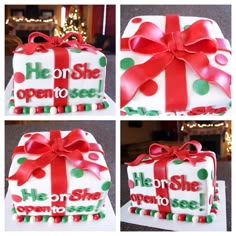 four pictures of a cake decorated like a present