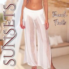 Nwt Size L-Xl / Color: Paloma (White) Bin 022 Retail $80 The Breezy Beach Pants From Sunsets Are Loose-Fitting And Secured With A Soft Elastic Waistband. They Feature A Wide Leg Silhouette With Slits On The Sides For A Fun, Carefree Vibe. A Sheer, Flared-Build Makes Them Perfect For An Outdoor Festival, Pool Party, Vacation, Or Beach Getaway~ Features: * Mid-Rise Fit * Wide-Leg * Inset Pockets * Soft Elastic Waistband * Pull-On * Side Leg Slits * Sheer * Coverage: Full Size/Fit: Women's Size 14- Chic Bottoms For Day Out During Resort Season, Beach Season Straight Pants, Summer Beach Cover-up Bottoms For Vacation, Casual White Split Bottoms, Beach Cover-up Bottoms For Resort Season, Resort Season Beach Cover-up Bottoms, Vacation Pants With Elastic Waistband And Split Shape, Casual Split Pants For Vacation, White Beach Bottoms For Beach Season