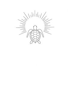 a black and white drawing of a sea turtle with sun rays coming from its back