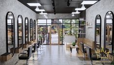 the interior of a hair salon with lots of chairs and mirrors on the walls, along with potted plants