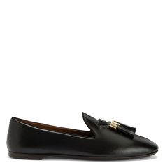 Leather loafers with grosgrain edging, leather tassels and metallic detail. Chic Tassel Loafers With Leather Sole For Galas, Chic Tassel Loafers For Galas With Leather Sole, Elegant Leather Tassel Loafers, Luxury Tassel Loafers For Workwear, Chic Slip-on Tassel Loafers For Business, Chic Business Slip-on Tassel Loafers, Chic Business Tassel Loafers Slip-on, Modern Tassel Loafers With Leather Sole For Office, Luxury Calf Leather Tassel Loafers For Business