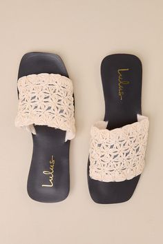 Hit the boardwalk feeling oh-so ready for the day in the Lulus Syracuse Natural Straw Woven Slide Sandals! Woven straw creates a cute, floral-like design as it shapes a wide vamp strap atop a trendy square footbed. Effortless slide-on design makes styling a breeze, so you can spend more time out and about soaking up the sunshine! Available in whole sizes only. 0. 5" rubber sole. Smooth insole. Rubber sole has nonskid markings. Man made materials. Imported. Lulus | Syracuse Natural Straw Woven Sl Cream Flat Heel Sandals For Vacation, Summer Sandals With Open Weave, Adjustable Summer Flip Flops With Woven Sole, White Straw Sandals For Vacation, Spring Adjustable Beachy Flip Flops, Cream Sandals For Beach Season, Cream Summer Sandals For Beach Season, Adjustable Open Toe Beachy Sandals, Adjustable Beachy Flip Flops For Spring