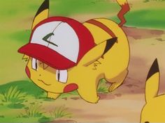 the pikachu is wearing a baseball cap and standing next to another pokemon character