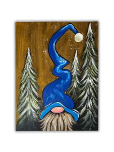 an acrylic painting of a gnome in the woods with pine trees and moon