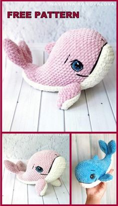 three different pictures of stuffed animals made out of knitted material, one is pink and the other is blue