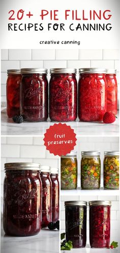 mason jars filled with fruit and veggies sitting on top of a white counter