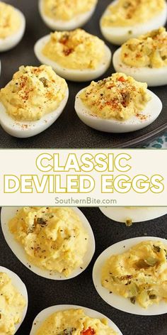 deviled eggs are stuffed with cheese and other toppings for an easy appetizer