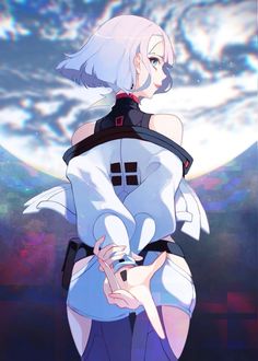 an anime character with white hair and blue eyes is standing in front of a full moon