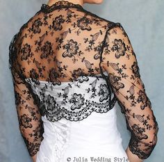 This amazing, gentle and very feminine and can become a special  to your wedding dress ! It will compliment any  dress, cocktail dress or evening gown. It will be perfect also for your bridesmaids.Made with  beautiful lace and sequins.Available color black.This bolero measures approximately 12"-13" from the base of your neck down the center back.Bust 34"-35".3/4 sleeve--17 inch.Available sleeve--22 inch.   Care instructions: Hand wash, cold water, no bleach, rinse well and promptly remove. Fitted Evening Shrug With Lace Sleeves, Evening Fitted Shrug With Lace Sleeves, Lace Shrug With Lace Trim For Wedding, Long Sleeve Lace Shrug For Wedding, Lace Long Sleeve Wedding Shrug, Long Sleeve Lace Wedding Shrug, Elegant Lace Wedding Shrug, Wedding Shrug With Lace Sleeves, Lace Bolero Jacket