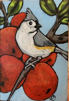 a painting of a bird perched on an apple tree