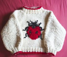 a knitted sweater with a ladybug on the front and red, black, and white design