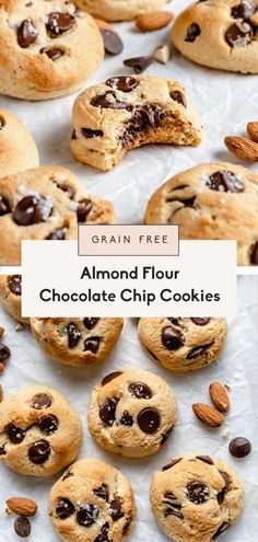 almond flour chocolate chip cookies on a sheet of parchment paper with the title overlay