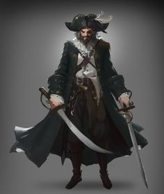 a man in pirate costume holding two swords