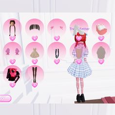 a girl is standing in front of a display of clothing and accessories for her doll house