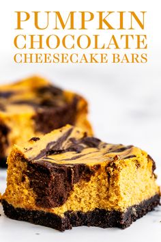 pumpkin chocolate cheesecake bars with text overlay