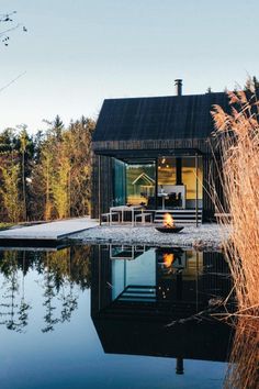 a house with a pond in front of it and some tall grass on the other side