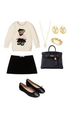 a woman's outfit and accessories including shoes, handbag, purse and sweater