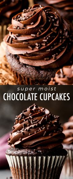 chocolate cupcakes with chocolate frosting and sprinkles on the top